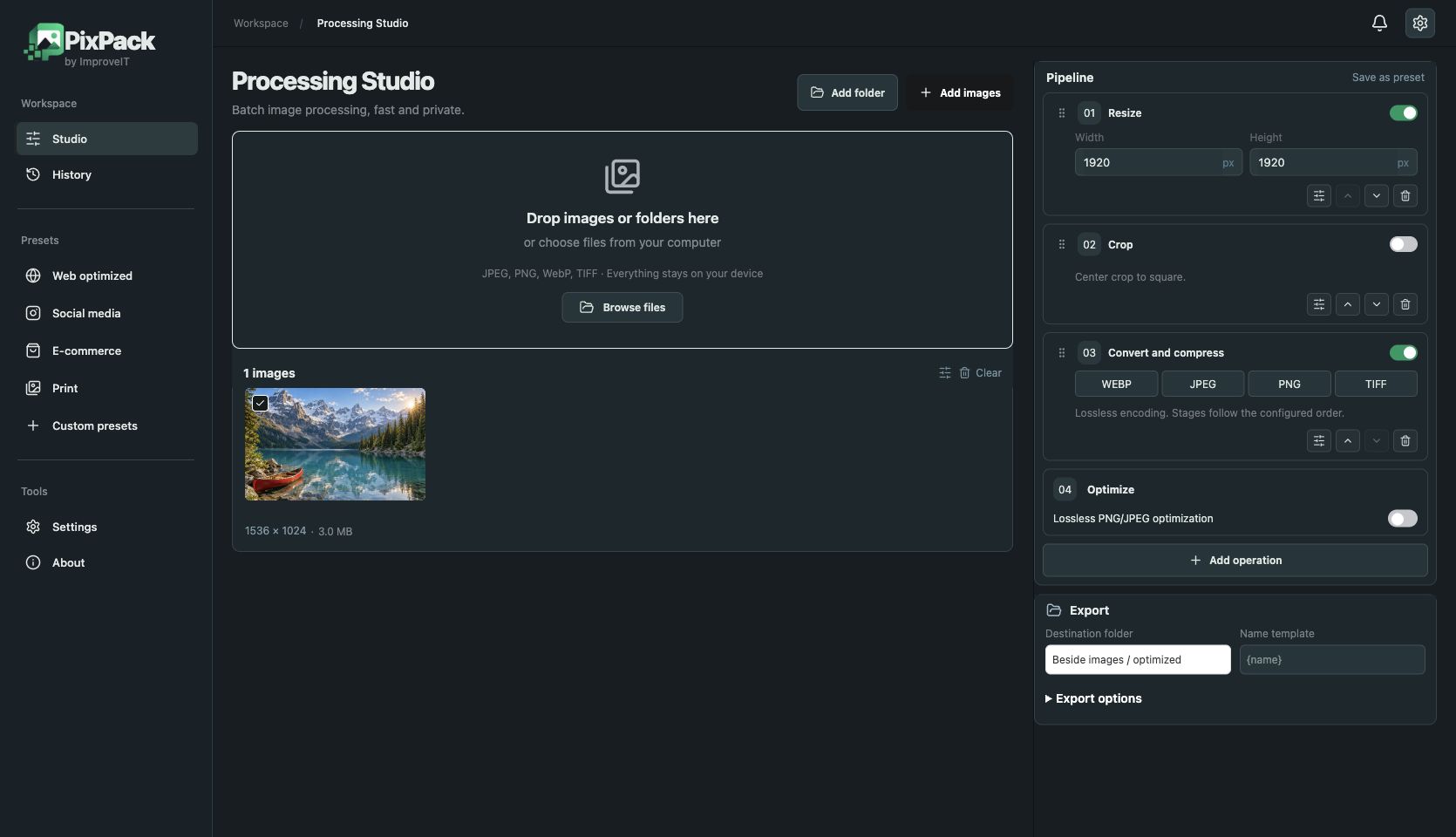 PixPack — live operation preview